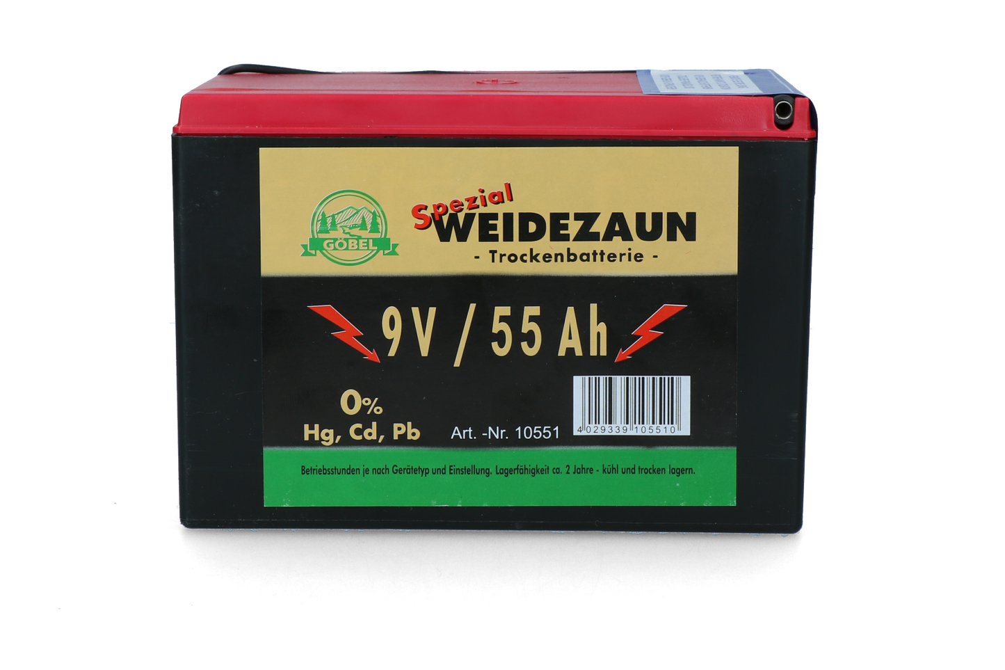 Trockenbatterie 9V/55 Ah (H11,5 x L16,5 x B11,2 cm) 55 Ah