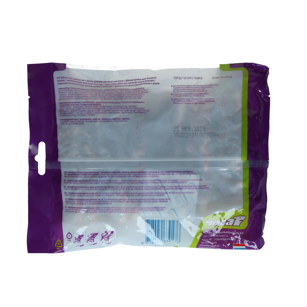 Braaaf Rawhide Roll Sticks Rind & Fisch - 25 St.