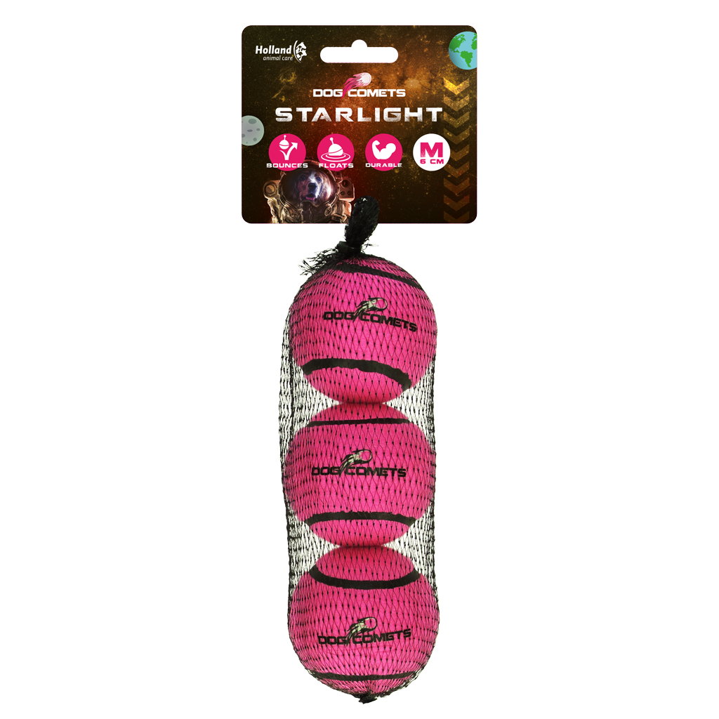Dog Comets Starlight Tennisball M Rosa (3-pack)